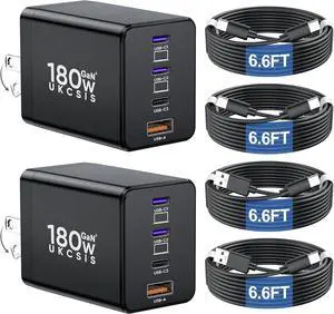 2 Pack 180W USB C Charger Block, Foldable 4-Port GaN Fast Wall Charger, Dual 65W Type C Charging Block, Laptop Fast Charging Adapter for MacBook Pro/Air, iPad, iPhone, Samsung Galaxy Black