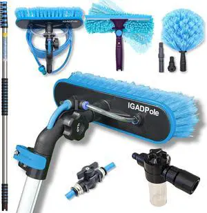 24ft Pole Washing Kit: Water-fed Brush, Cobweb Duster and 10 Squeegee and Soap Dispenser, with 6-Stage Telescoping Pole 5-24ft Pole