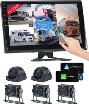 RV Camera System with Carplay Android Auto, 5 1080P Wired Backup Camera & 10.1" HD Android 13 Touch Screen Parking Monitoring Navigation DVR BT for Semi Truck Trailer Camper Motorhome