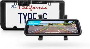 Type S Solar Powered Portable License Plate Frame Backup Camera with HD Monitor Built into Rear-View Mirror. Smart Wireless Button Control