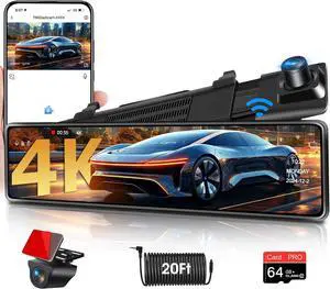 WiFi 4K Rear View Mirror Camera 12" Mirror Dash Cam Front and Rear w 64G TF Card WDR & HDR Night Vision Loop Recording 24H Parking Assistance Rear View Mirror Dash Cam 2160P