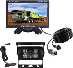 Vehicle Backup Camera with Monitor Kit,18LED IR Night Vision 4 Pin Reverse Rear View Mirror Camera + 7" Car LCD Monitor Parking System 12V-24V with 49ft Cable for Long Bus Truck Trailer RV Tractor