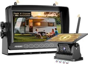 Magnetic Solar Wireless Backup Camera for RV Truck Trailer  7" 1080P Monitor with Recording, 1-Min Install, No Delay, Wide View, IR Night Vision, 4 Channels, Auto-Sleep Rechargeable Rearview Camera