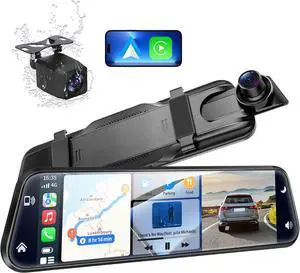 2.5K Mirror Dash Cam with Carplay&Android Auto,10" Rear View Mirror Camera for Cars/Trucks with Voice Control/ 64GB Card/Touch Screen/Parking Monitor/Reverse Assist/Dual Loop Record/WDR Tech