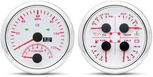 GPS Speedometer Gauge Set - 2 in 1 GPS Speedometer with Tachometer, 4 in 1 Oil Pressure Water Temperature Fuel Level Voltage, AUTO Boat Gauges Set for Car Marine (White)