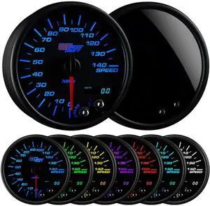 Tinted 7 Color 140 MPH Speedometer Gauge - Mounts in Custom Dashboard - Resettable Trip Meter - Includes Wiring - Black Dial - Smoked Lens - 3-3/4" 95mm