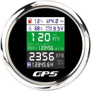 6-in-1 GPS Speedometer 3-3/8" 85mm  Multi-Functional Adjustable Tachometer Voltmeter Fuel Level Water Temp Oil Pressure with Alarm for Car Boat Marine 9-32V Black