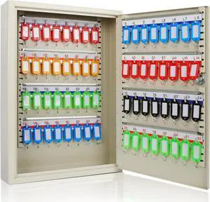 Key Box Steel Key Safe Cabinet, Wall Mount Key Holder Lock Box with Key Tags, Key Organizer Ideal for Home, Hotels, Valets and Office Key Storage (64 Keys, White)