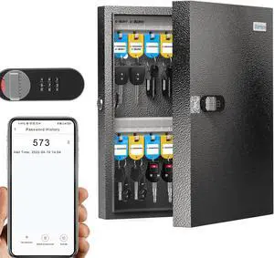 32 Key Lock Box with Dual Lock, Combination & Key Unlock, Key Cabinet Wall Mount with Key Tag Label, Key Holder Storage Lockbox for Store, Office, Company, House, App Key Directory ERP