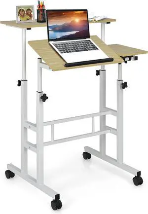 Mobile Standing Desk, Laptop Cart with Flip-Over Desktop, Overbed Table with Wheels, Computer Desk for Standing or Sitting, Height Adjustable Workstation for Home & Office (Natural)