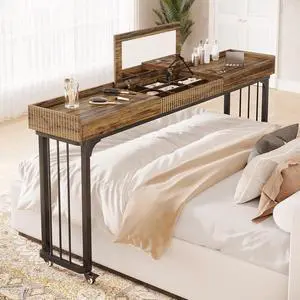 78.8-Inch Large Over Bed Table with Wheels, Mobile Computer Desk Makeup Vanity Desk with Storage, Standing Laptop Cart, Overbed Makeup Table for Bedroom, Brown and Black