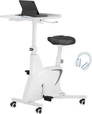 3-in-1 Small Standing Desk Adjustable Height Movable Rolling Desks Laptop Desks Workstation with Integrated Pedal Exerciser Wide Seat, Desk for Home Office Corner Small Space, White