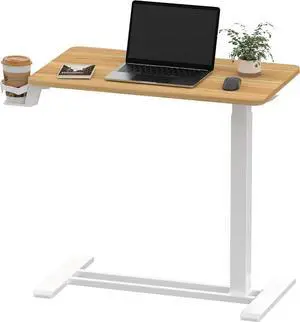 Medical Adjustable Overbed Bedside Table with Hidden Casters, Pneumatic Mobile Laptop Computer Standing Desk Cart with Tray, Hospital and Home Use(27.6" W x 15.7" D, Maple)