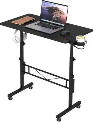 Small Standing Desk Adjustable Height, Mobile Stand Up Desk with Wheels, Portable Walking Pad Table Stand, Rolling Laptop Cart for Standing or Sitting, Black