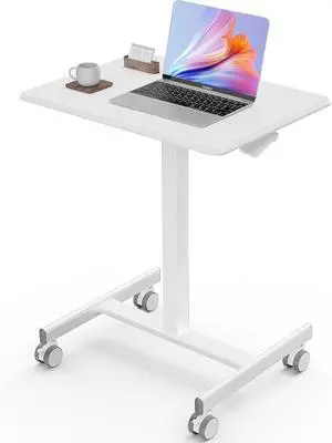 Mobile Small Standing Desk - Sit Stand Portable Rolling Laptop Desk with Lockable Wheels, Adjustable Height Computer Workstations, White