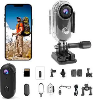 4K Thumb Action Camera, Sports & Action Video Cameras Portable for Cycling, Motorcycle (with 64G-Card, Black)