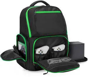 Travel Backpack Compatible with Xbox Series X Carrying Case Game Storage Bag with 2 Inner Spaces for Xbox X/S Console, Multiple Pockets for 15.6 Laptop and Other Gaming Accessories, Black