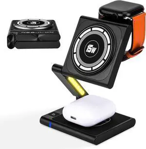 Fast Wireless Charging Station, Foldable for Travel w/Light, Modern All Aluminum Alloy Body, 4 in 1 Charger Compatible with MagSafe for  iPhone 16/15/14/13/12, AirPods and  Watch [Black]