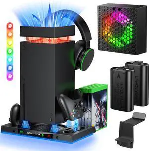 AI Auto Cooling Fan with Charging Stand Accessories for Xbox Series X with High Power, Wireless Dual Charger Station for Xbox X Controller, 2*1400mAh Rechargeable Batteries, Disc Game Storage