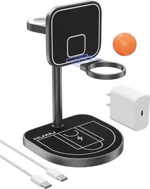 3-Point Power 3 in 1 Charging Station for ,  X85 Aluminum Alloy Magnetic Wireless Charger Stand with Mini Basketball & Hoop for iPhone 16/15/14/13/12, 5W for  Watch, AirPods, Black