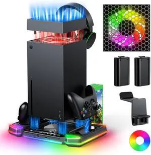 Top Auto Cooling Fan & Charge Stand for Xbox Series X Console with 11 Light Modes, Accessories Controller Wireless Charger Dock, 2 * 1400mAh Rechargeable Batteries, Headset Stand & Game Disc Storage