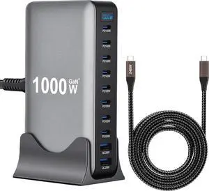 1000W 10-Port GaN 4 Desktop Charging Station with 240W 6.6 ft Data Cable - Compatible with Tablets, Phones, Laptops, Gaming Consoles, Headphones
