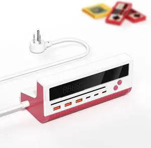 FC Retro Style 10-in-1 Power Strip with 4 AC Outlets & 6 USB Ports (3 USB-C), PD 20W Fast Charge, Multiple Protection, ETL Certified, for Gamers and Home Office Use (Red Retro Style)