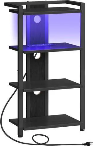 4-Tier AV Media Console With Charging Station and LED Light, Wooden Stereo Cabinet, Corner TV Stand, Record Player, Entertainment Device, Black BB38UDCJ01