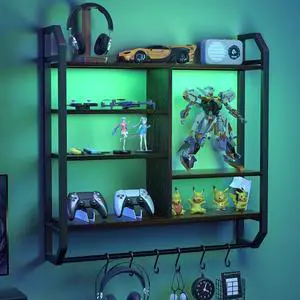 34" Gaming Floating Shelves, Large LED Wall Mounted Display Shelf, Adjustable Hanging Pipe Shelf Bookshelf with Lights 6 Hooks for Game Living Room Bedroom Coffee Bar Kitchen Decor Black
