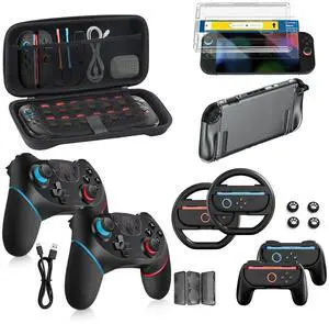 Switch 2 Accessories Bundle for Nintendo 17-in-1: 2 Pro Controllers, Dockable Carrying Case, Screen Protector, Thumb Grip for Joycon Console Protective Cover Shell Steering Wheel 2025 Switch2 Game Kit