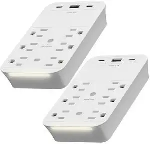 6-Outlet Surge Expander with USB Type A/C and Guide Light, Surge Protector Up to 1500J, Guide Light with LED Indicator, Outlet Extender, Flat Outlet Splitter, UL-Listed, 2 Pack