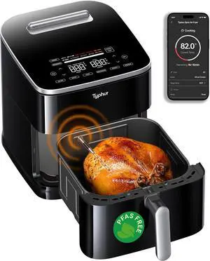 8QT Sync Air Fryer with Built-in Wireless Meat Thermometer, 9-in-1 Smart Airfryer with Ceramic Nonstick Basket for Quick Easy Meals, 450°F Max, Cooks 6lb Whole Chicken, Dishwasher Safe, 120V