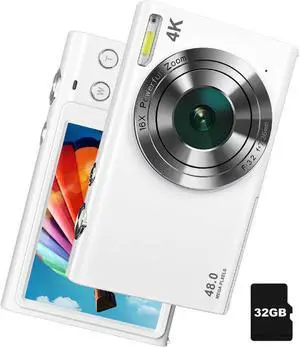 Digital Camera, 4K Autofocus Vlogging Camera with Flash, 48MP Point and Shoot Digital Camera with 16X Zoom, Anti-Shake, 32GB Card, Portable Compact Camera for Teens Adult Beginner(White)