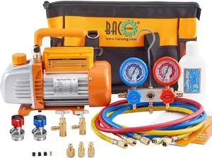 3.6CFM 1/4HP AC Vacuum Pump and Gauge Set, HVAC Vacuum Pump Kit for AUTO Air Conditioning System, Manifold Gauge Set for R134a R22 R410a Refrigerants - w/ R134a Can Taps and Quick Couplers 3.6CFM 1/4HP AC Vacuum Pump and Gauge Set, HVAC Vacuum Pump Kit for AUTO Air Conditioning System, Manifold Gauge Set for R134a R22 R410a Refrigerants - w/ R134a Can Taps and Quick Couplers