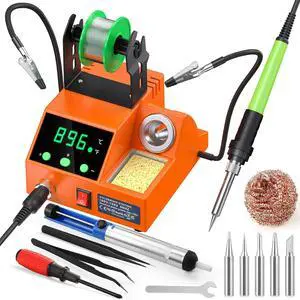 Soldering Station, 100W Digital Display Soldering Iron Station Kit with 2 Helping Hands, 356°F - 896°F, Auto Sleep, °C/°F Conversion, Solder Wire, Tips, Stand, Pump, Tweezers, Tip Cleaner, Orange Soldering Station, 100W Digital Display Soldering Iron Station Kit with 2 Helping Hands, 356°F - 896°F, Auto Sleep, °C/°F Conversion, Solder Wire, Tips, Stand, Pump, Tweezers, Tip Cleaner, Orange