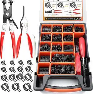352Pcs 6-25mm Spring Band Hose Clamps Kit with 2Pcs Hose Clamp Pliers for Automotive,Marine,Gardening 352Pcs 6-25mm Spring Band Hose Clamps Kit with 2Pcs Hose Clamp Pliers for Automotive,Marine,Gardening