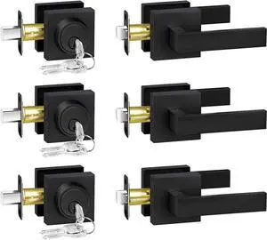 Exterior Door Lock Set, Door Locks for Front Door with Single Cylinder Deadbolt Lock, Matte Black Flat Square Passage Door Handle with Key for Front Door, 3 Pack (All Same Keyed Alike) Exterior Door Lock Set, Door Locks for Front Door with Single Cylinder Deadbolt Lock, Matte Black Flat Square Passage Door Handle with Key for Front Door, 3 Pack (All Same Keyed Alike)
