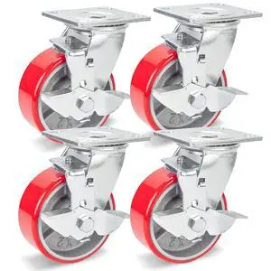 5 Inch Industrial Casters Set of 4, Heavy Duty Casters with Brake 4000 Lbs, No Noise Polyurethane Wheel on Steel Hub, Swivel Plate Caster Wheels for Toolbox Workbench (4 Swivel & Brakes) 5 Inch Industrial Casters Set of 4, Heavy Duty Casters with Brake 4000 Lbs, No Noise Polyurethane Wheel on Steel Hub, Swivel Plate Caster Wheels for Toolbox Workbench (4 Swivel & Brakes)