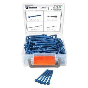 200Pcs 1/4" x3-1/4 Concrete Screws with 2 Drill Bits & 1 Driver Bit, Slotted Hex Washer Head Self-Tapping Masonry Screws for Brick, Block, Stucco, Concrete - Blue Flat Head Anchors 200Pcs 1/4" x3-1/4 Concrete Screws with 2 Drill Bits & 1 Driver Bit, Slotted Hex Washer Head Self-Tapping Masonry Screws for Brick, Block, Stucco, Concrete - Blue Flat Head Anchors