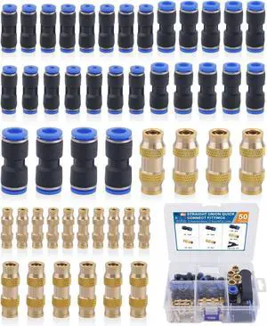 50PCS Push to Connect Fittings Kit, Plastic and Brass Combination Quick Connect Air Hose Fittings, 1/8" 1/4" 3/8" Straight Push Connectors, DOT Air Fittings for Truck or Industrial Air System 50PCS Push to Connect Fittings Kit, Plastic and Brass Combination Quick Connect Air Hose Fittings, 1/8" 1/4" 3/8" Straight Push Connectors, DOT Air Fittings for Truck or Industrial Air System
