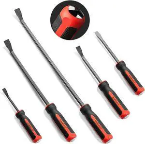 Pry Bar Set, 5-Piece Heavy Duty Pry Bars with Thicker Strike Caps, Mechanic Hand Tools for Automotive, Demolition, Nail Puller, Crowbar Pry Bar Set, 5-Piece Heavy Duty Pry Bars with Thicker Strike Caps, Mechanic Hand Tools for Automotive, Demolition, Nail Puller, Crowbar