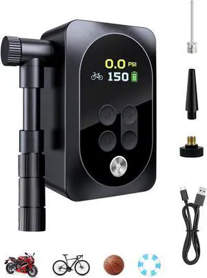 Mini Bike Pump, 150PSI Electric Portable Bicycle Tire Inflator with LED Light, 1400mAh Battery, 5 Preset Modes & Auto Stop for Road/MTB/E-Bike/Motorcycle & Sports Balls Presta & Schrader Valve Mini Bike Pump, 150PSI Electric Portable Bicycle Tire Inflator with LED Light, 1400mAh Battery, 5 Preset Modes & Auto Stop for Road/MTB/E-Bike/Motorcycle & Sports Balls Presta & Schrader Valve