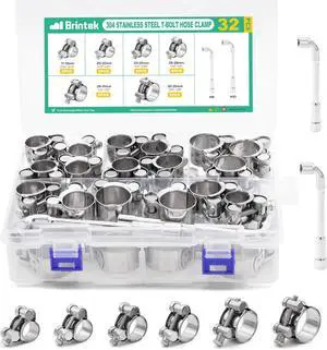 T-bolt Hose Clamps - 32PCS 17-35mm Stainless Steel Hose Clamp Assortment 6-Sizes Heavy Duty Adjustable Tube Clamps with M8 and M10 Socket Wrenches T-bolt Hose Clamps - 32PCS 17-35mm Stainless Steel Hose Clamp Assortment 6-Sizes Heavy Duty Adjustable Tube Clamps with M8 and M10 Socket Wrenches