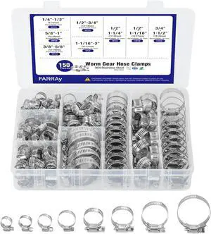 150 PCS Hose Clamps Assortment Kit, Adjustable 1/4"- 2"(6-51mm) Worm Gear Hose Clamps, 304 Stainless Steel Hose Clamps for Plumbing, Automotive and Mechanical Applications 150 PCS Hose Clamps Assortment Kit, Adjustable 1/4"- 2"(6-51mm) Worm Gear Hose Clamps, 304 Stainless Steel Hose Clamps for Plumbing, Automotive and Mechanical Applications