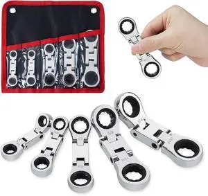 5-Piece Flex-Head Stubby Ratcheting Combination Wrench Set, Mini Double Box End, SAE 1/4 3/8 5/16 7/16 1/2 9/16 11/16 5/8 3/4 13/16, 72-Teeth, CR-V Steel 5-Piece Flex-Head Stubby Ratcheting Combination Wrench Set, Mini Double Box End, SAE 1/4 3/8 5/16 7/16 1/2 9/16 11/16 5/8 3/4 13/16, 72-Teeth, CR-V Steel
