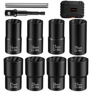 Wheel Lock Removal Kit, 10 Piece Lug Nut Remover, 1/2-Inch-Drive Impact Easy Out Bolt Extractor Socket Set for Removing Damaged, Frozen, Rusted, Rounded-Off Bolts, Nuts & Screws Wheel Lock Removal Kit, 10 Piece Lug Nut Remover, 1/2-Inch-Drive Impact Easy Out Bolt Extractor Socket Set for Removing Damaged, Frozen, Rusted, Rounded-Off Bolts, Nuts & Screws