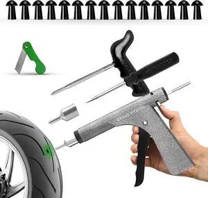 Tubeless Tire Gun Puncture Repair Kit with Mushroom Plug for Tyre Punctures and Flats on Cars, Motorcycles, ATV, Trucks & Tractors (Gun Kit Antic Silver) Tubeless Tire Gun Puncture Repair Kit with Mushroom Plug for Tyre Punctures and Flats on Cars, Motorcycles, ATV, Trucks & Tractors (Gun Kit Antic Silver)
