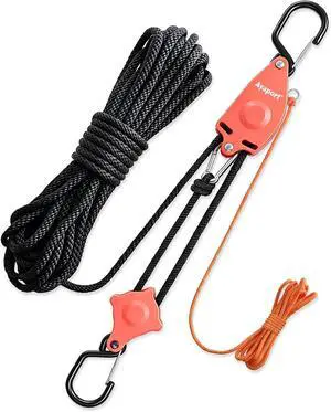Self Locking Block and Tackle Pulley System with 36' x 3/8" Rope, Hoist Limit 70LBS, Tie Down Limit 350LBS Rope Hoist Hanger for Bike, Kayak, Deer Hunting Garage Storage Gear,1 Pack Self Locking Block and Tackle Pulley System with 36' x 3/8" Rope, Hoist Limit 70LBS, Tie Down Limit 350LBS Rope Hoist Hanger for Bike, Kayak, Deer Hunting Garage Storage Gear,1 Pack