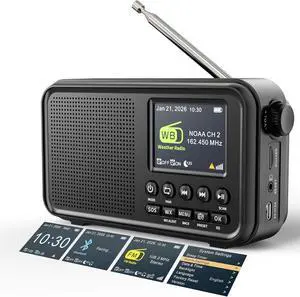 Portable Radio, FM Radio with 40 Presets, NOAA Weather Alert, Bluetooth 5.0 Speaker with 6 EQ, Dual Alarm Clock Sleep Timer, 2.4" Color Screen, 3000mAh Rechargeable Battery for Home & Outdoor Portable Radio, FM Radio with 40 Presets, NOAA Weather Alert, Bluetooth 5.0 Speaker with 6 EQ, Dual Alarm Clock Sleep Timer, 2.4" Color Screen, 3000mAh Rechargeable Battery for Home & Outdoor