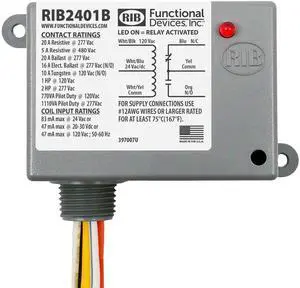 Functional Devices RIB2401B Power Relay, 20 Amp SPDT, 24 Vac/dc/120 Vac Coil, NEMA 1 Housing Functional Devices RIB2401B Power Relay, 20 Amp SPDT, 24 Vac/dc/120 Vac Coil, NEMA 1 Housing